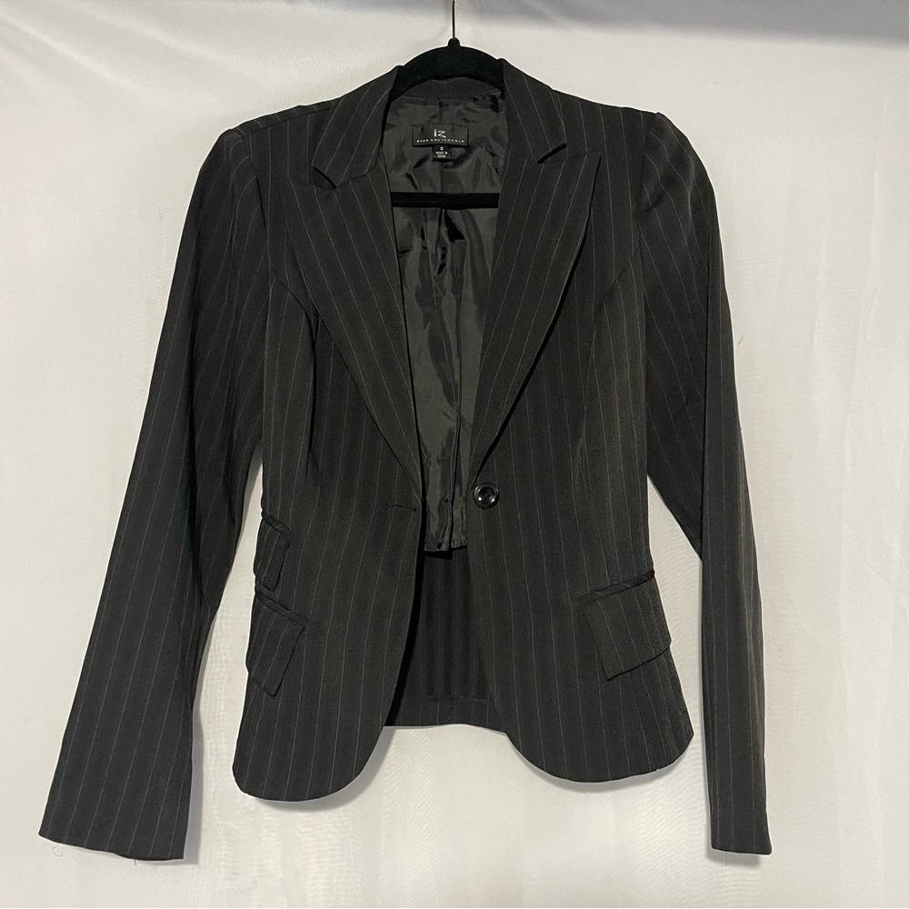 Iz Byers California Black Vertical Striped Blazer Charcoal Womens Size Small